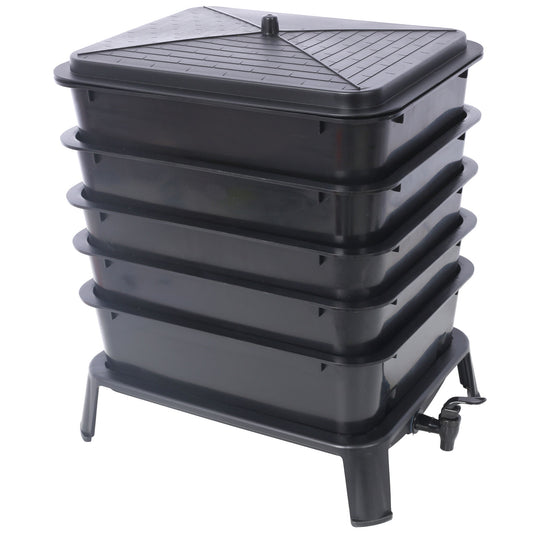 Eco Friendly 5 Layer Worm Compost Bin With 50L Capacity, Easy Setup Plastic Worm Farm Kit - Black Daily Nest