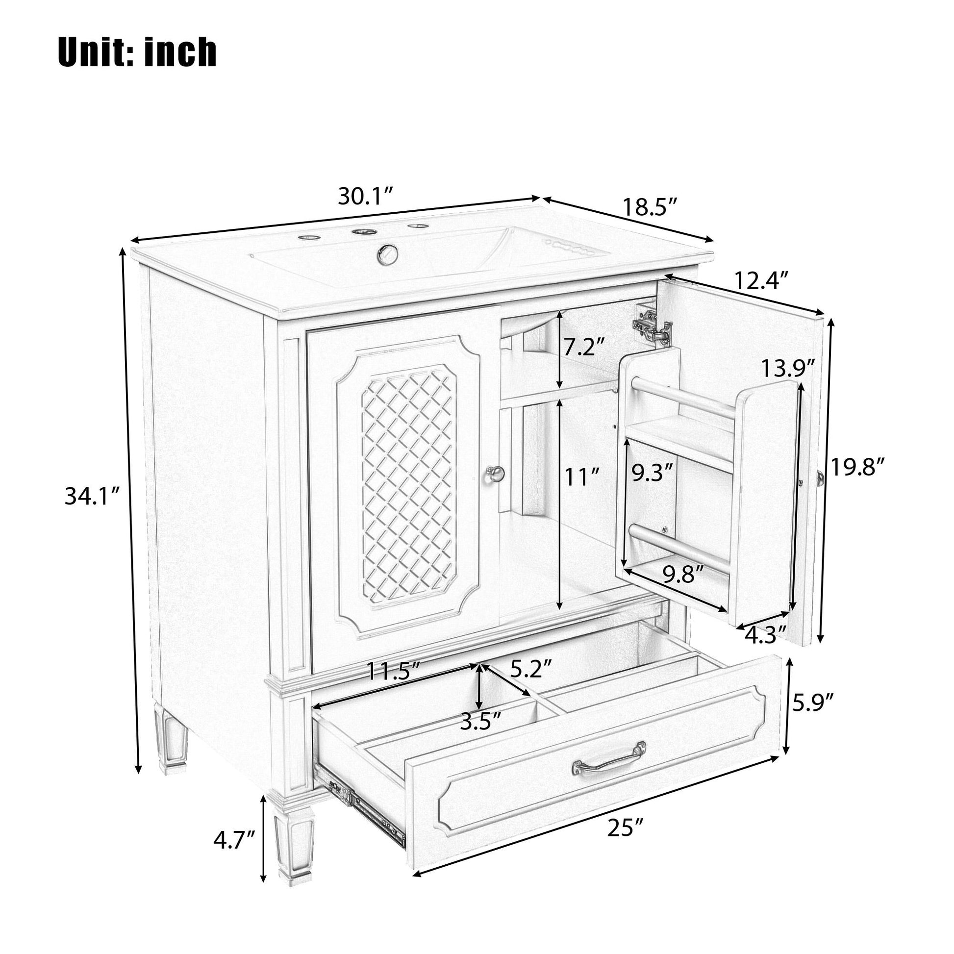Vintage Style Bathroom Vanity With Sink, Multi Functional Storage, Soft-Closing Door Noble House