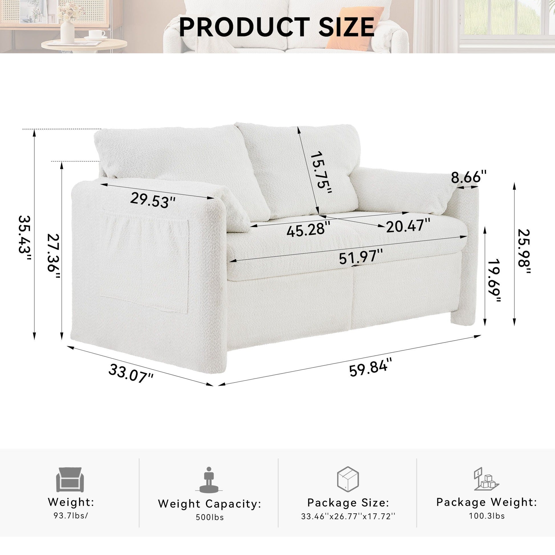 Modern Loveseat Sofa 2 Seater Plush Chenille Fabric Couch With High Density Foam Cushions - Ivory White Home Essentials