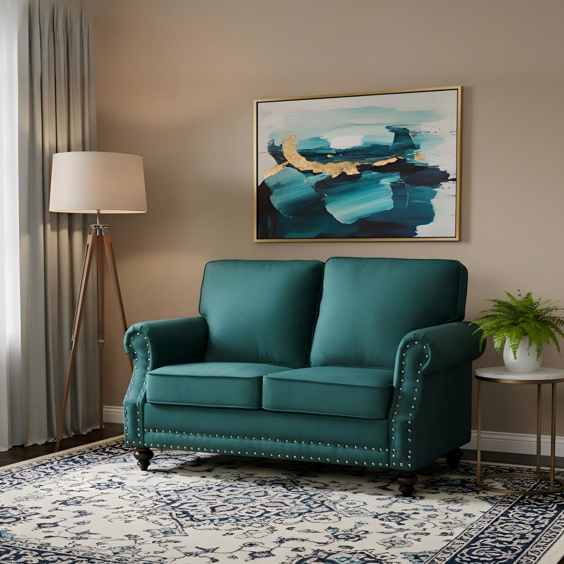 Loveseat Sofa With Nailhead Detail & Turned Legs, 2 Seater Upholstered Couch US Pride