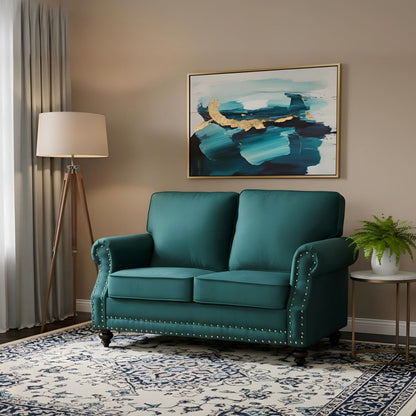 Loveseat Sofa With Nailhead Detail & Turned Legs, 2 Seater Upholstered Couch US Pride