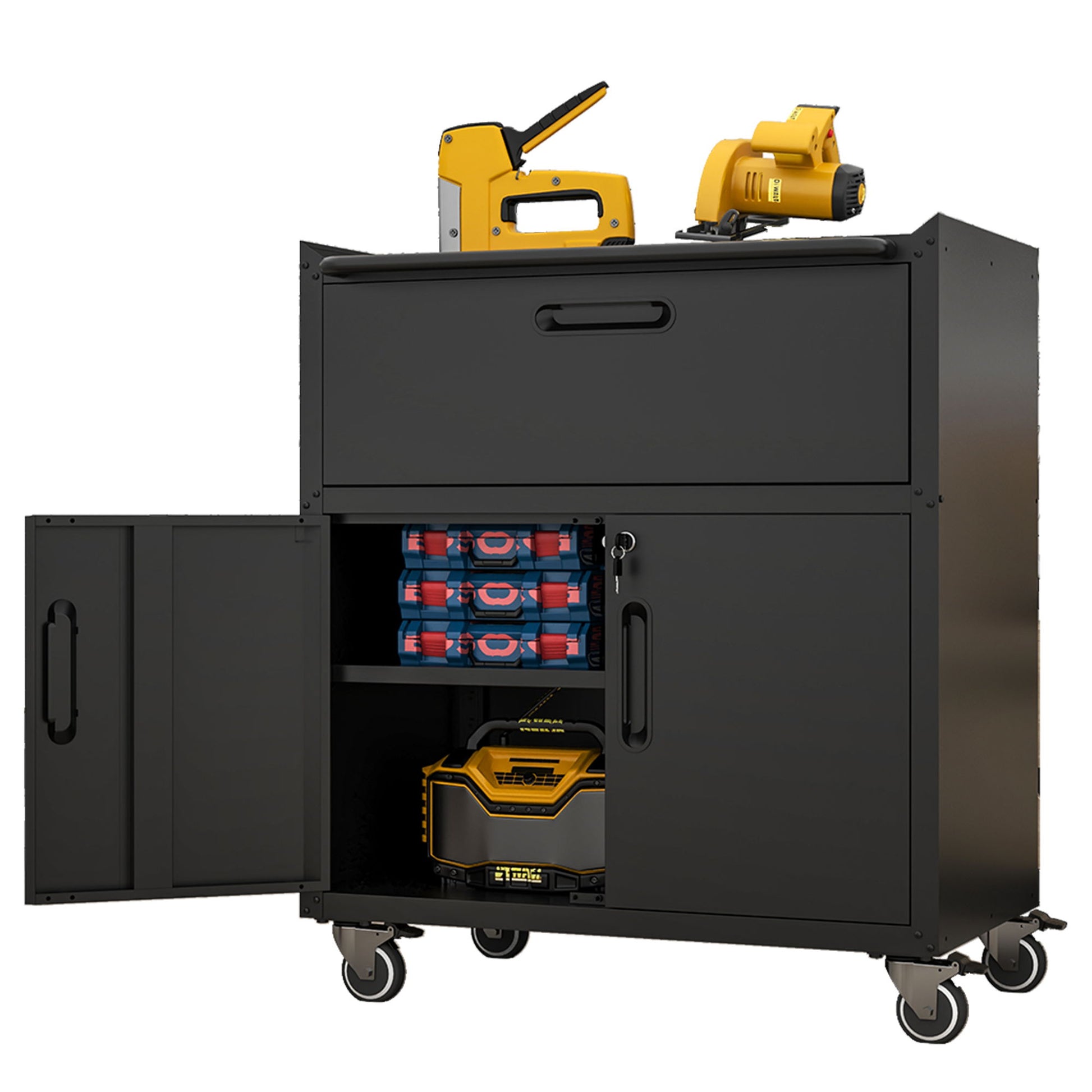 Sturdy And Durable Metal Tool Cabinet For Garage With Wheels Mobile Heavy Duty Storage Cabinet With 1 Drawer And 2 Locking Doors Daily Nest