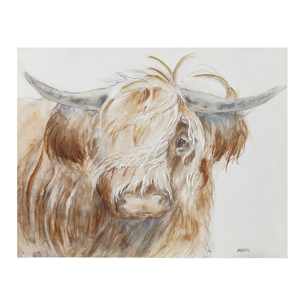 Windswept - Hand Embellished Highland Bull Canvas Wall Art - Brown