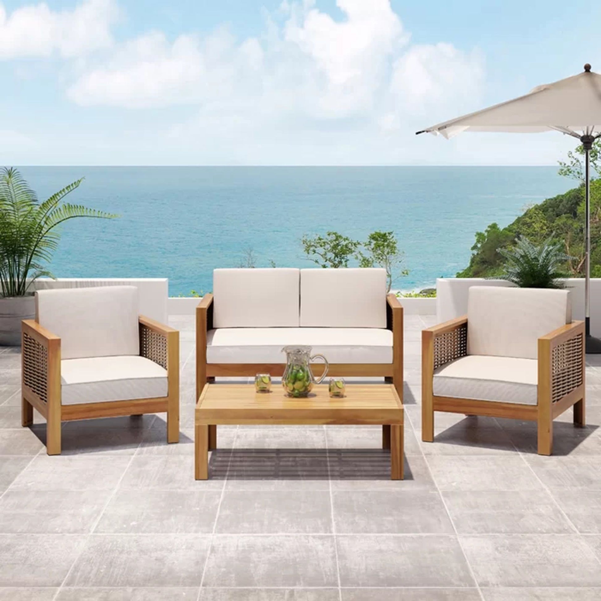 Outdoor 4 Seater Acacia Wood Chat Set With Wicker Accents And Cushions - Teak / Mixed Brown / Beige Noble House