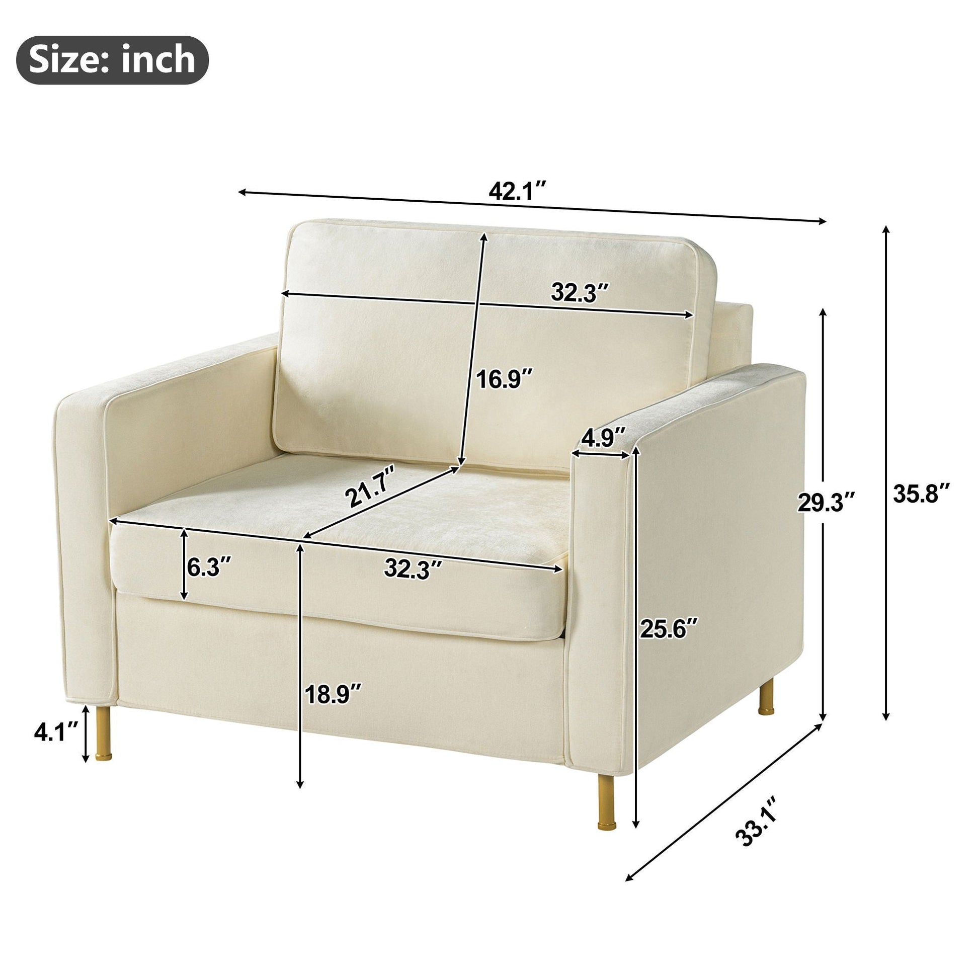 Accent Chair Upholstered Single Sofa With Square Arms, Sewn Pillow Back For Living Room Noble House
