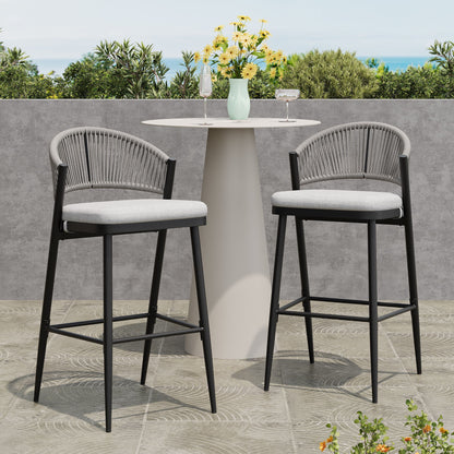 Outdoor Bar Height Metal Frame Counter Stools With Scallop Shaped Backrest & Water Resistant Cushions Noble House