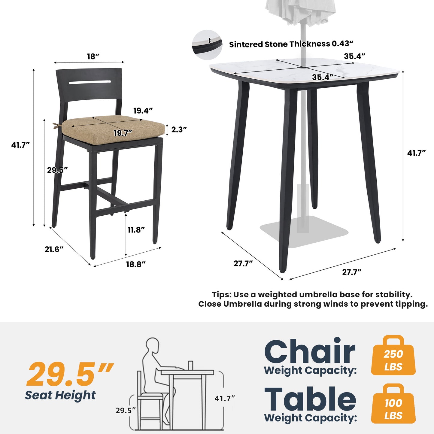 5 Pieces Outdoor Patio Bar Set, Rounded Square Table & 4 Aluminum Bar Stools Life Outside