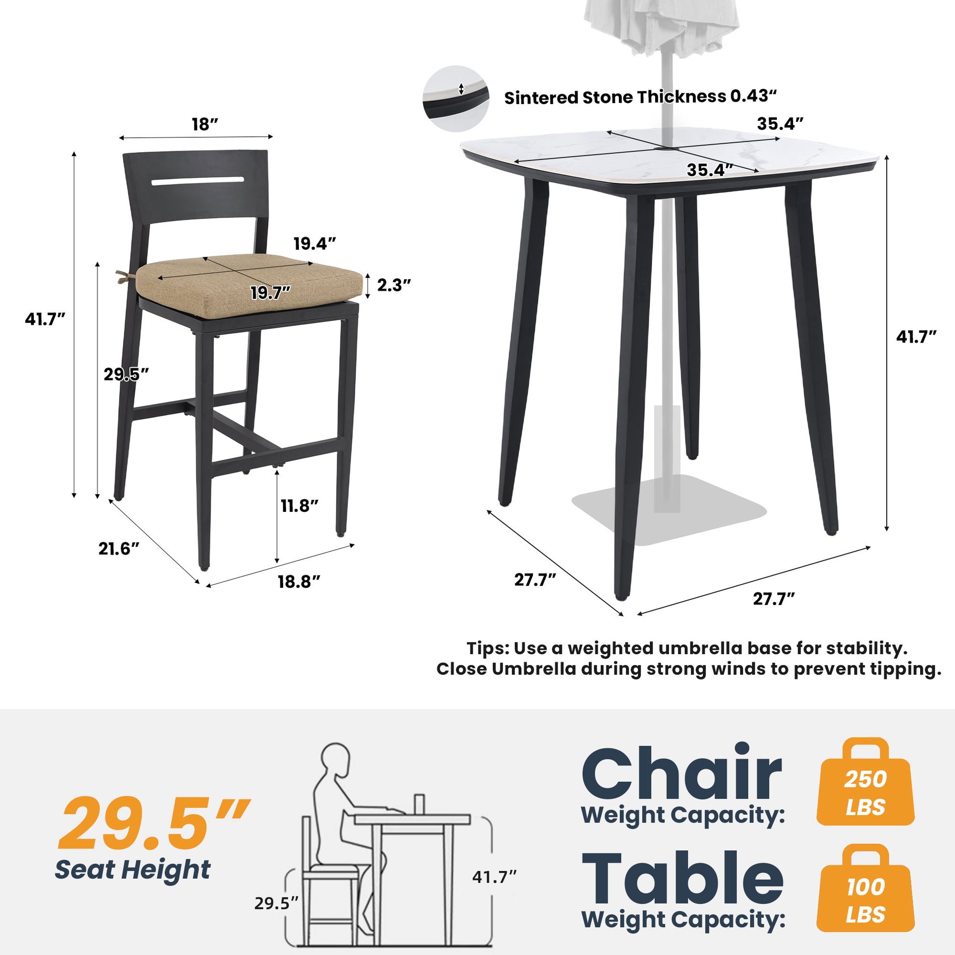 5 Pieces Outdoor Patio Bar Set, Rounded Square Table & 4 Aluminum Bar Stools Life Outside