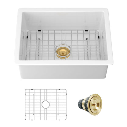 Rectangular Deep Single Bowl Kitchen Sink, Undermount Top Mount Porcela Stainless Steel Grid - White Daily Nest