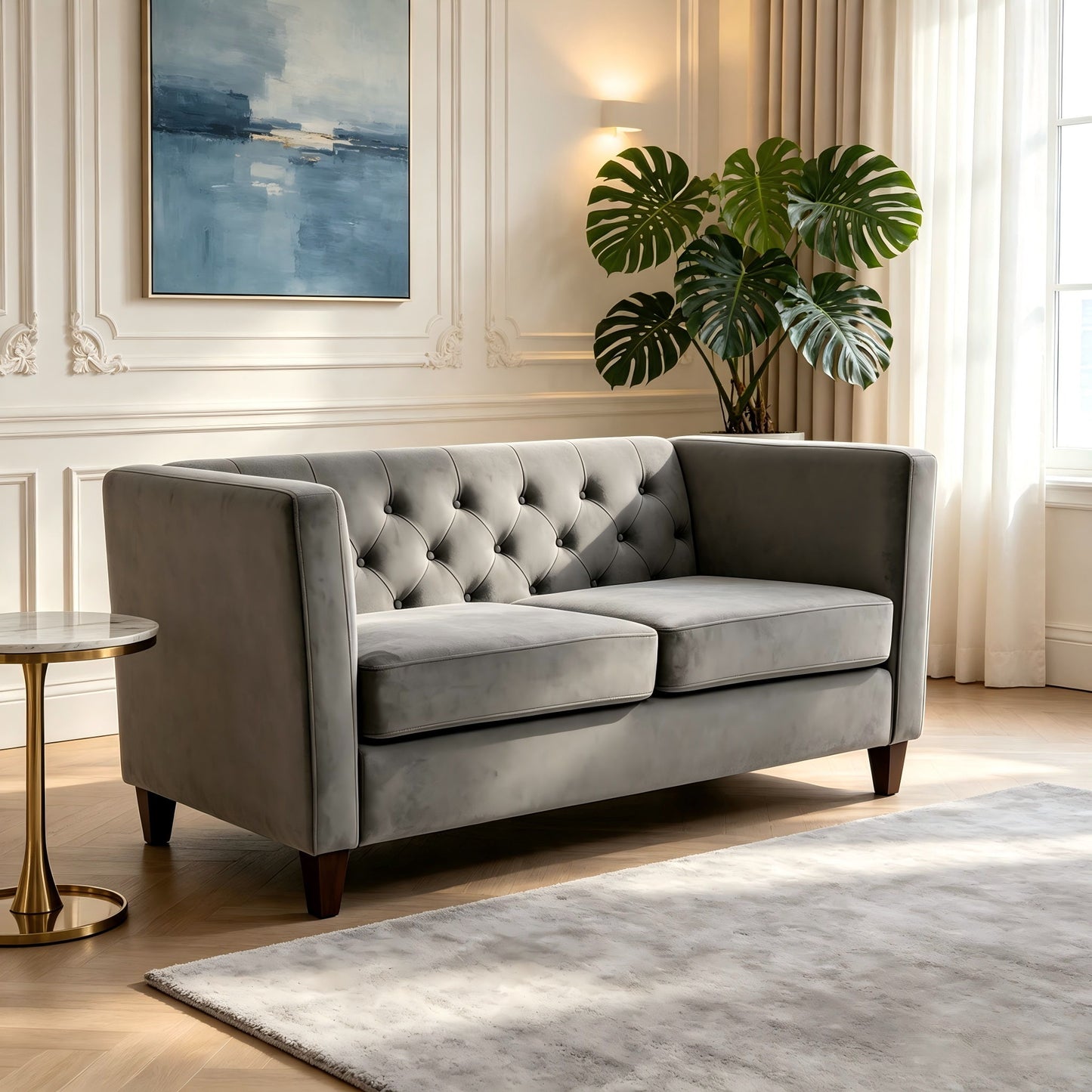 Button Tufted Loveseat, 2 Seater With Square Arm Couch For Living Room US Pride