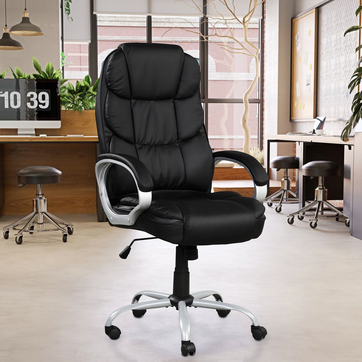 Upholstered Office Chair, Adjustable Height Swivel Chair - Black Home Essentials