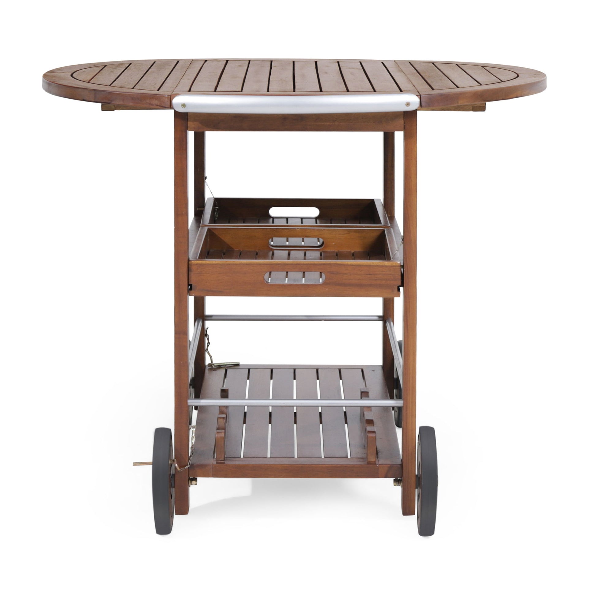 Wood And Aluminum Bar Cart With 2 Shelves - Oak / Silver Noble House
