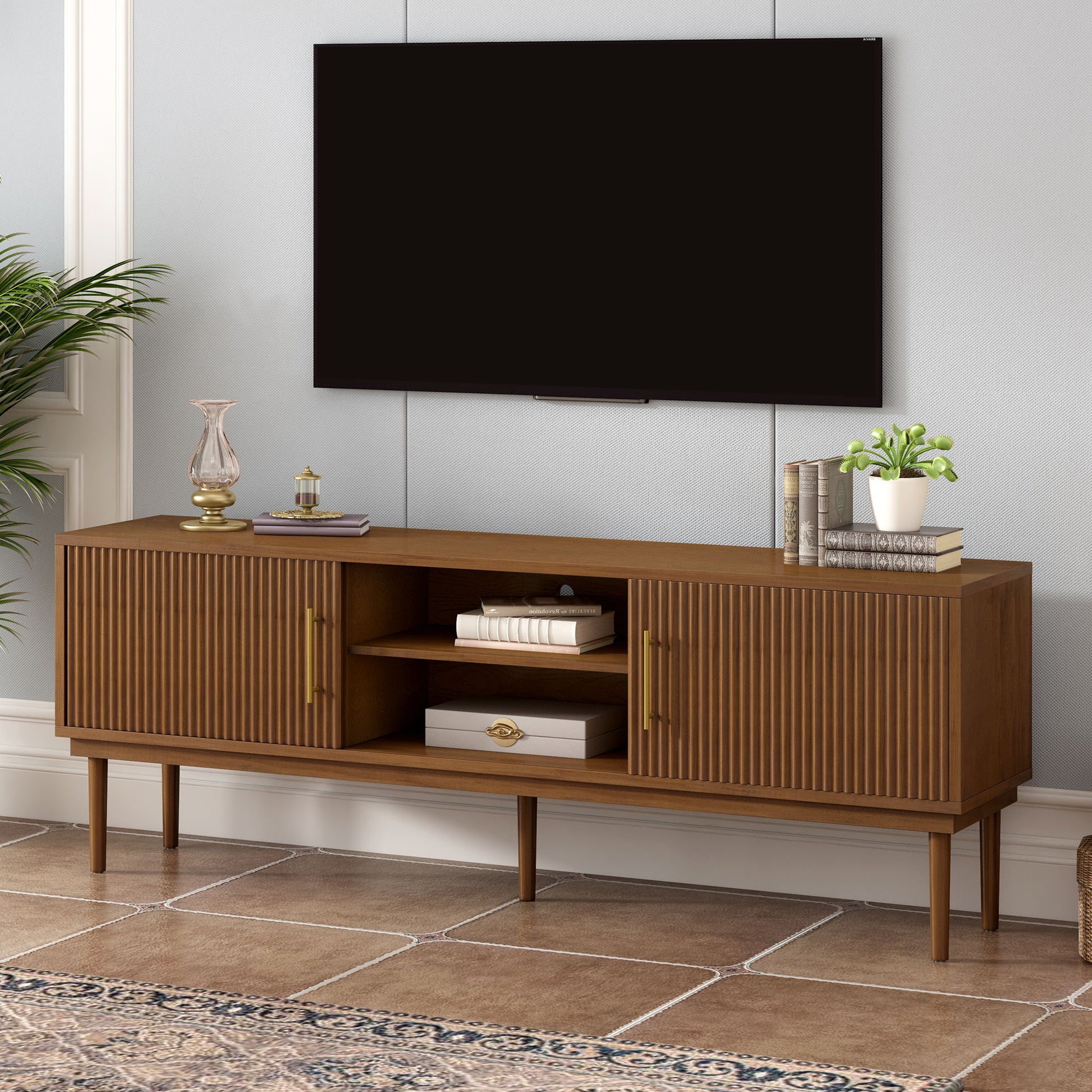 TV Stand With Vertical Slatted Doors And Sliding Panels, Solid Wood Legs - Brown Noble House