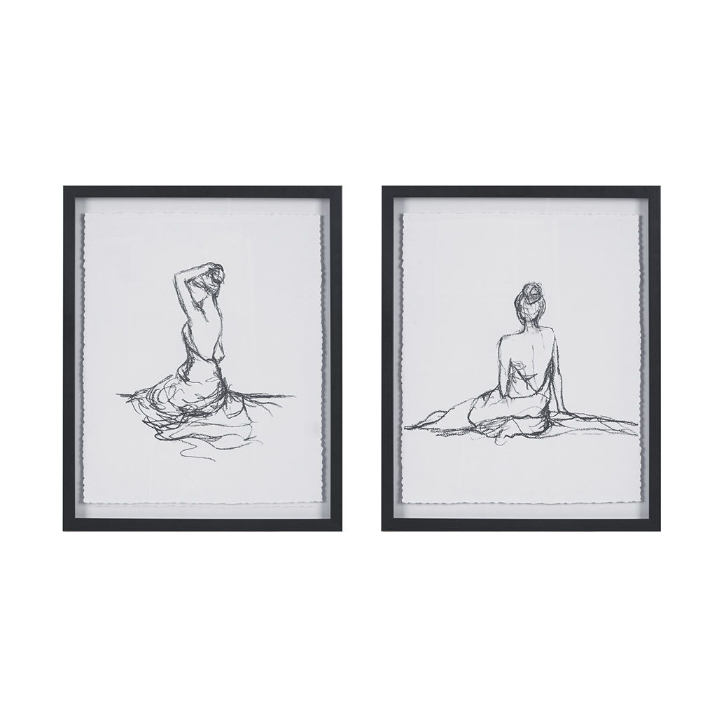 Feminine Figures - Deckle Edge Sketch Framed Wall Art (Set of 2) - Black / White Madison Park