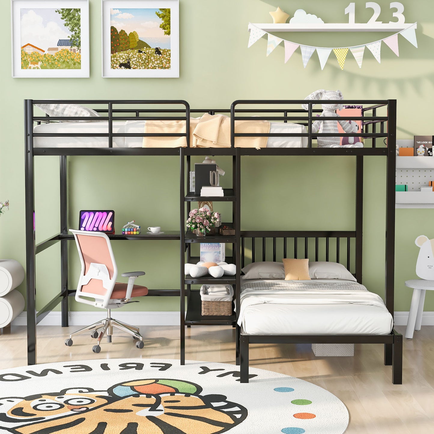Full Over Twin Bunk Bed With Built In Desk, Shelves And Ladder - Black Hearth and Haven