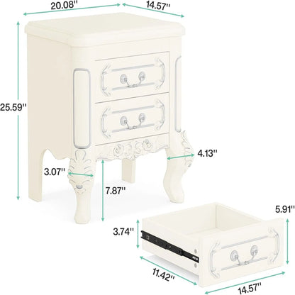 Carved Nightstand With 2 Drawers, Bedside Table - White Home Essentials