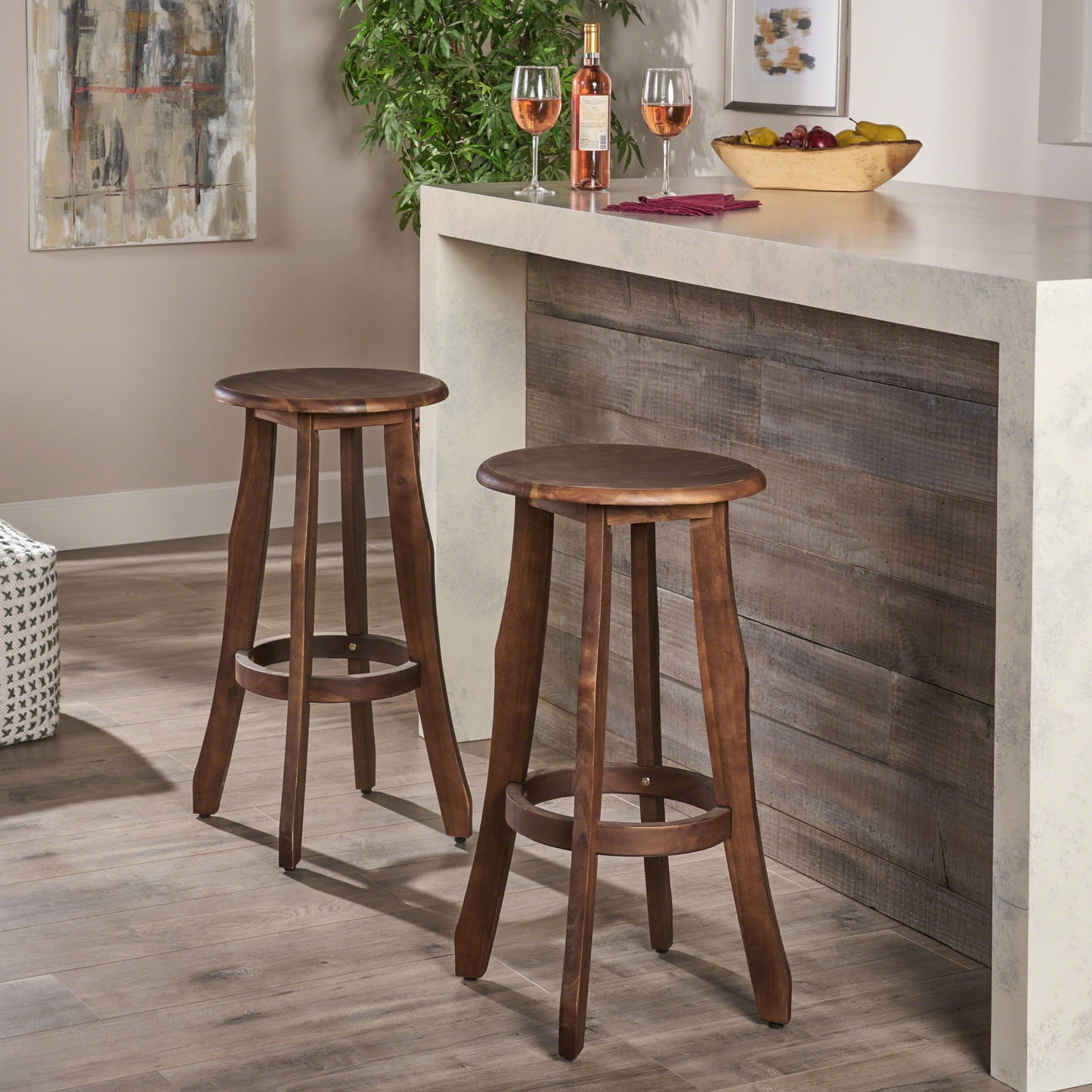 Primrose - Outdoor Acacia Wood Barstools With Foot Rest, (Set of 2) - Dark Brown Noble House