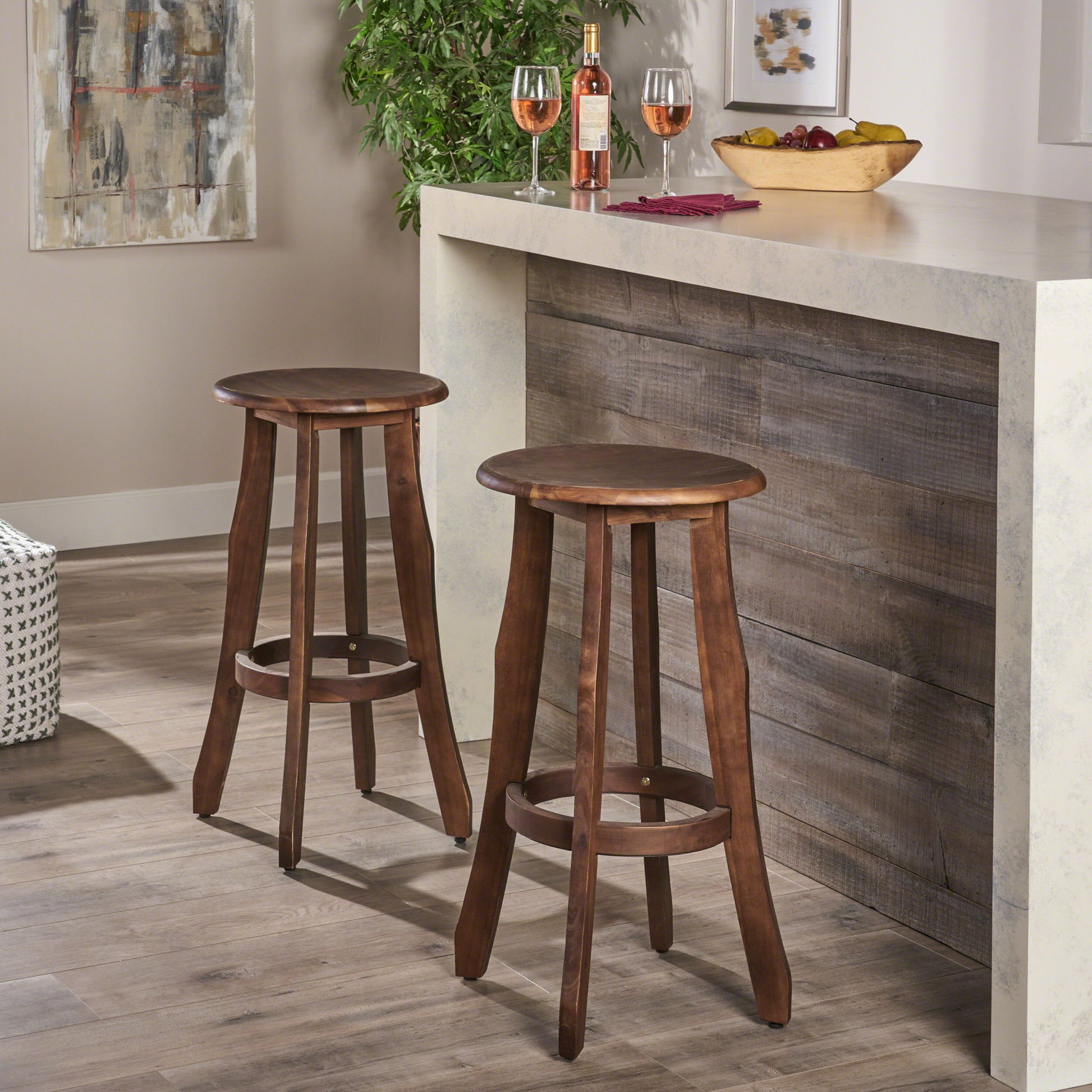 Primrose - Outdoor Acacia Wood Barstools With Foot Rest, (Set of 2) - Dark Brown Noble House