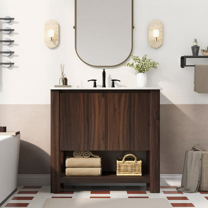 36" Modern Bathroom Vanity With Rectangle Ceramic Sink, Bathroom Cabinet And 45 Degrees Free Handle Design Soft Closing Doors, 1 Open Shelf At The Bottom - Dark Brown Noble House