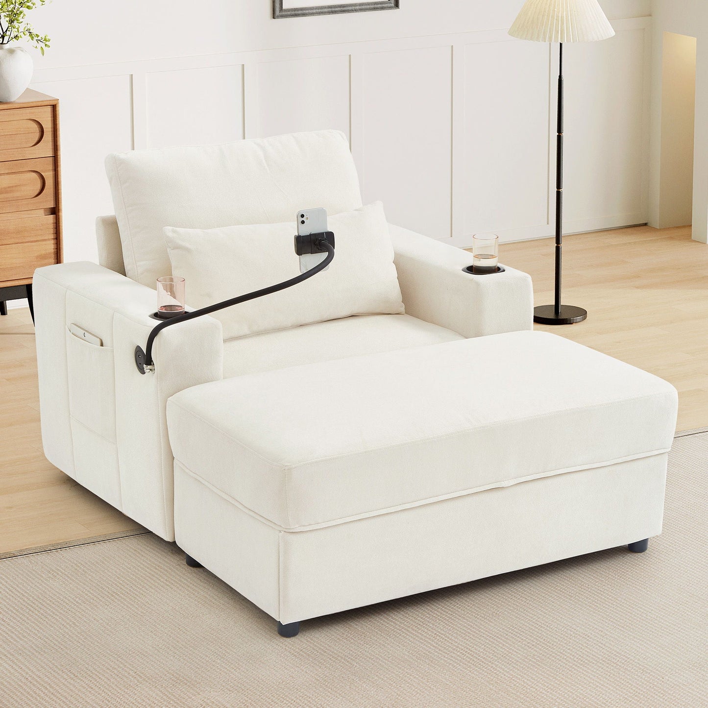Modern Style Armchair Chaise Lounge Sofa Couch With Movable Storage Ottoman, USB Ports, Cup Holders, Phone Holder, Side Pockets Hearth and Haven
