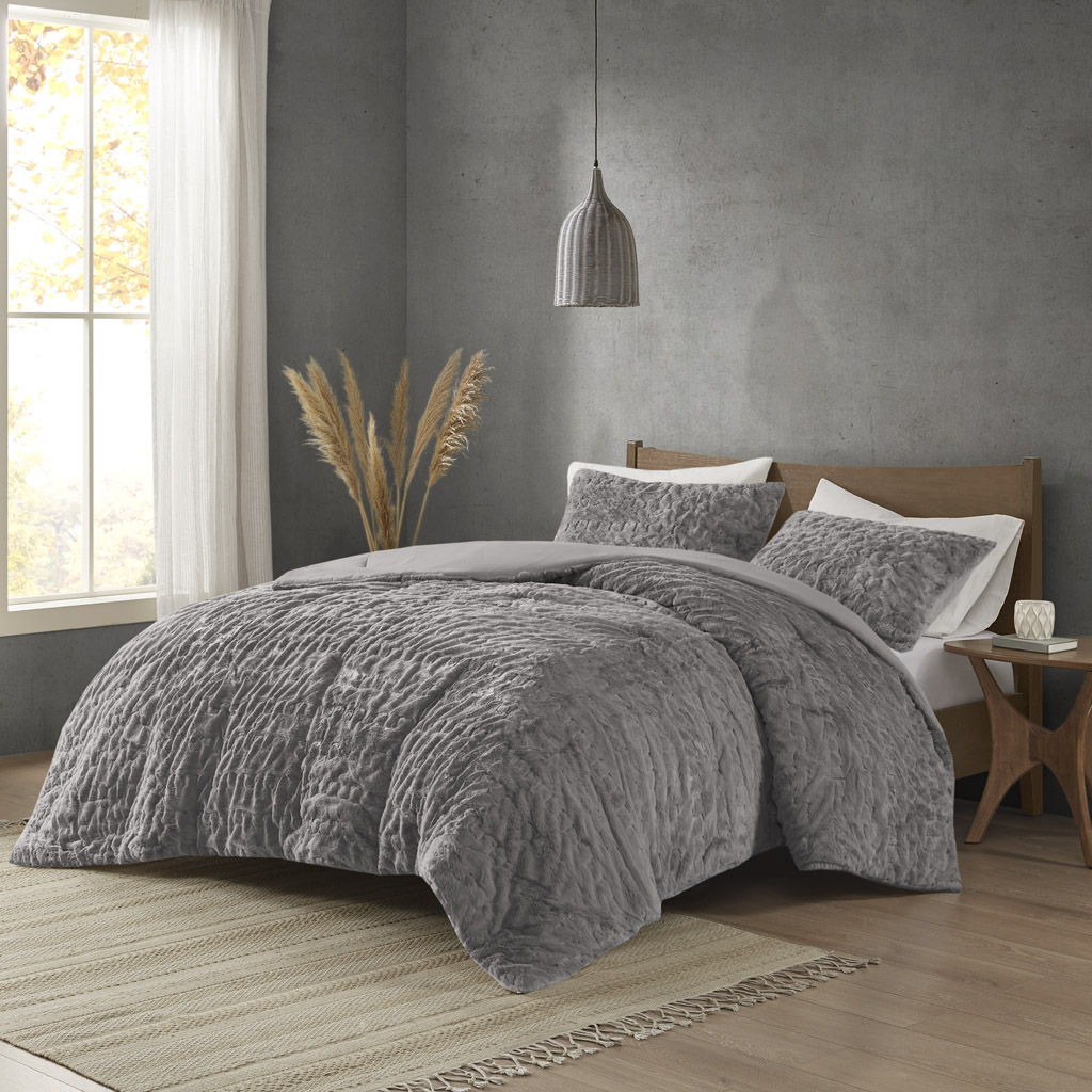 Blair - Ruched Fur Down Alternative Comforter Set - Gray