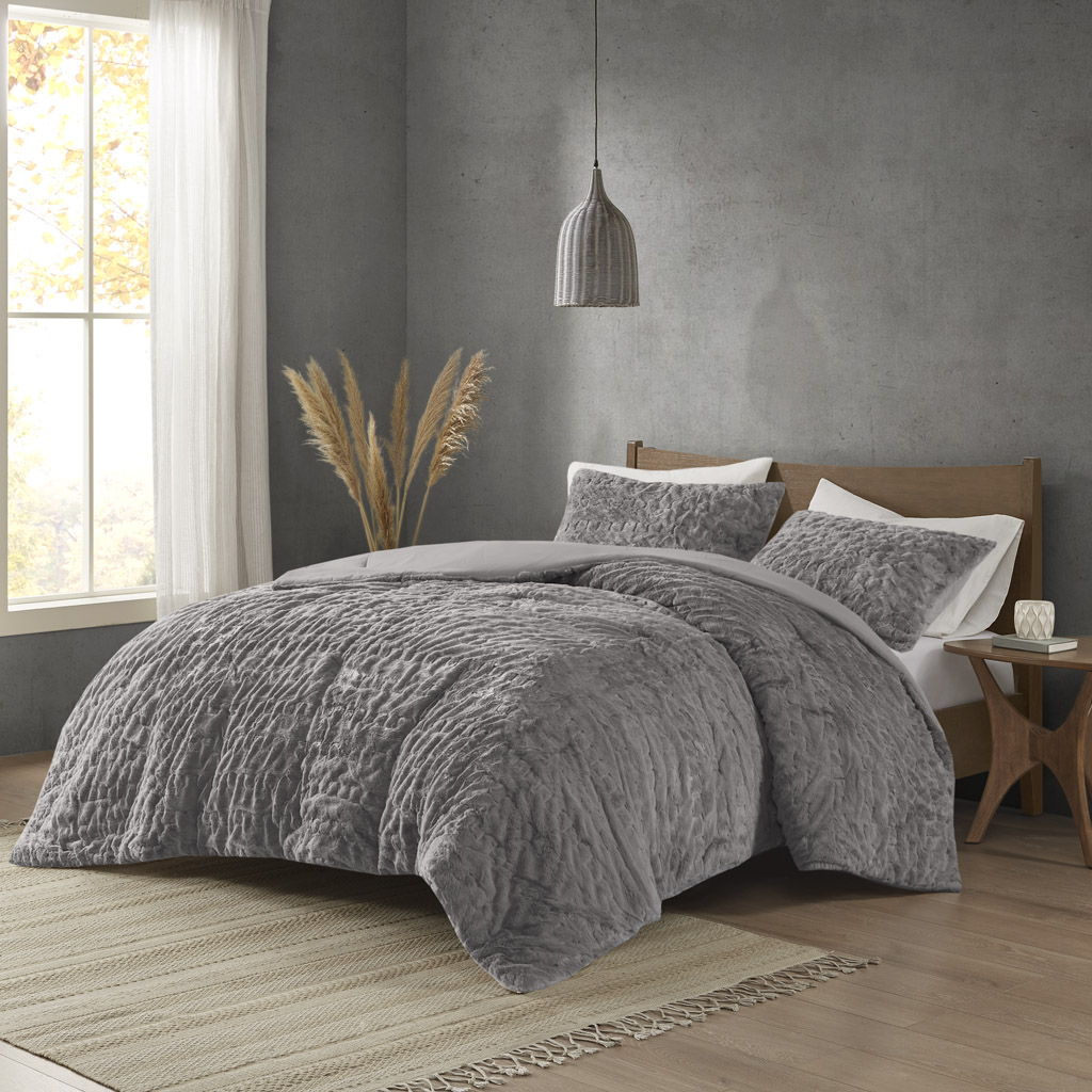 Blair - Ruched Fur Down Alternative King Comforter Set - Gray Madison Park