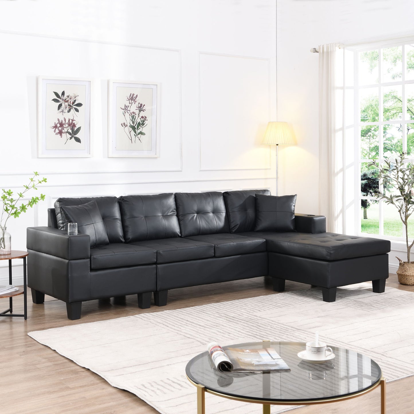 Modern Sectional Sofa Set With L Shape Chaise Lounge, Cup Holder, 4 Seat Home Essentials
