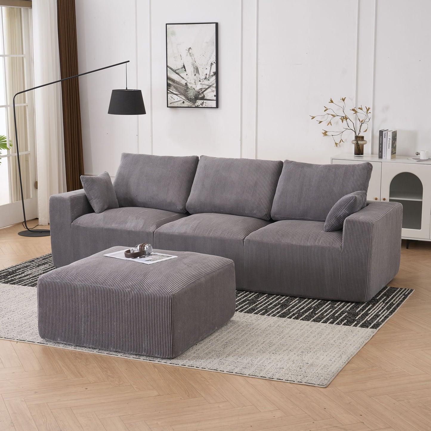 Modular Sectional Sofa With Ottoman, USB And Type C Charger, Petal Armrest Design - Snoozhouse