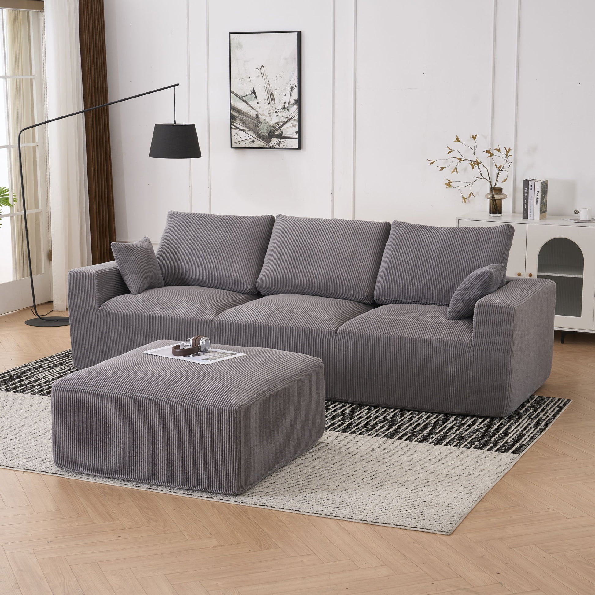Modular Sectional Sofa With Ottoman, USB And Type C Charger, Petal Armrest Design - Snoozhouse