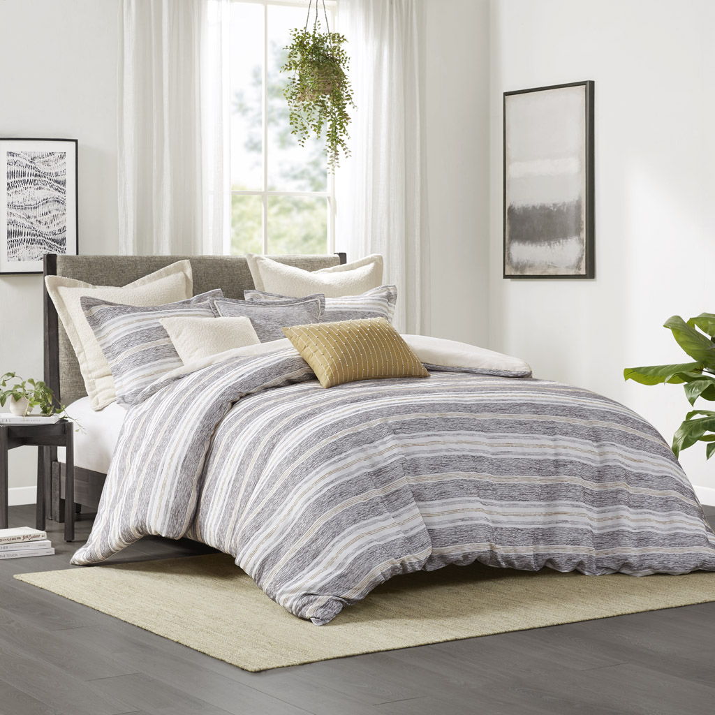 Oasis - Oversized Chenille Jacquard Striped Comforter Set With Euro Shams and Throw Pillows - Gray