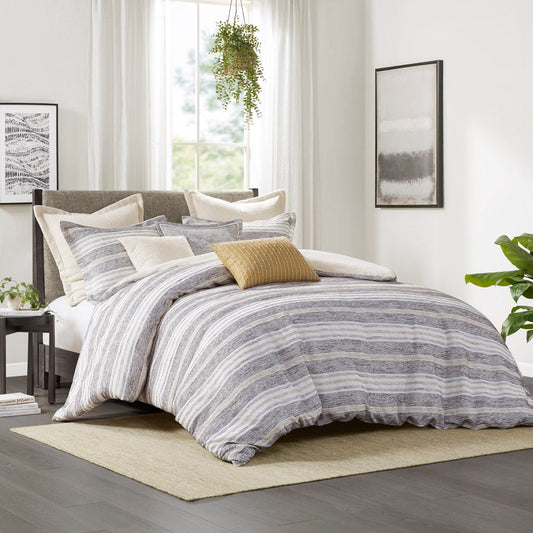 Oasis - Oversized Chenille Jacquard Striped Comforter Set With Euro Shams and Throw Pillows - Gray