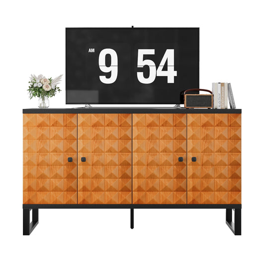 Modern Buffet Cabinet With Storage Space, Retro Style 4 Door Wooden Storage Cabinet, Multifunctional Decorative Cabinet With Geometric Patterns, Suitable For Living Room, Dining Room, Entrance - Orange / Yellow Home Essentials