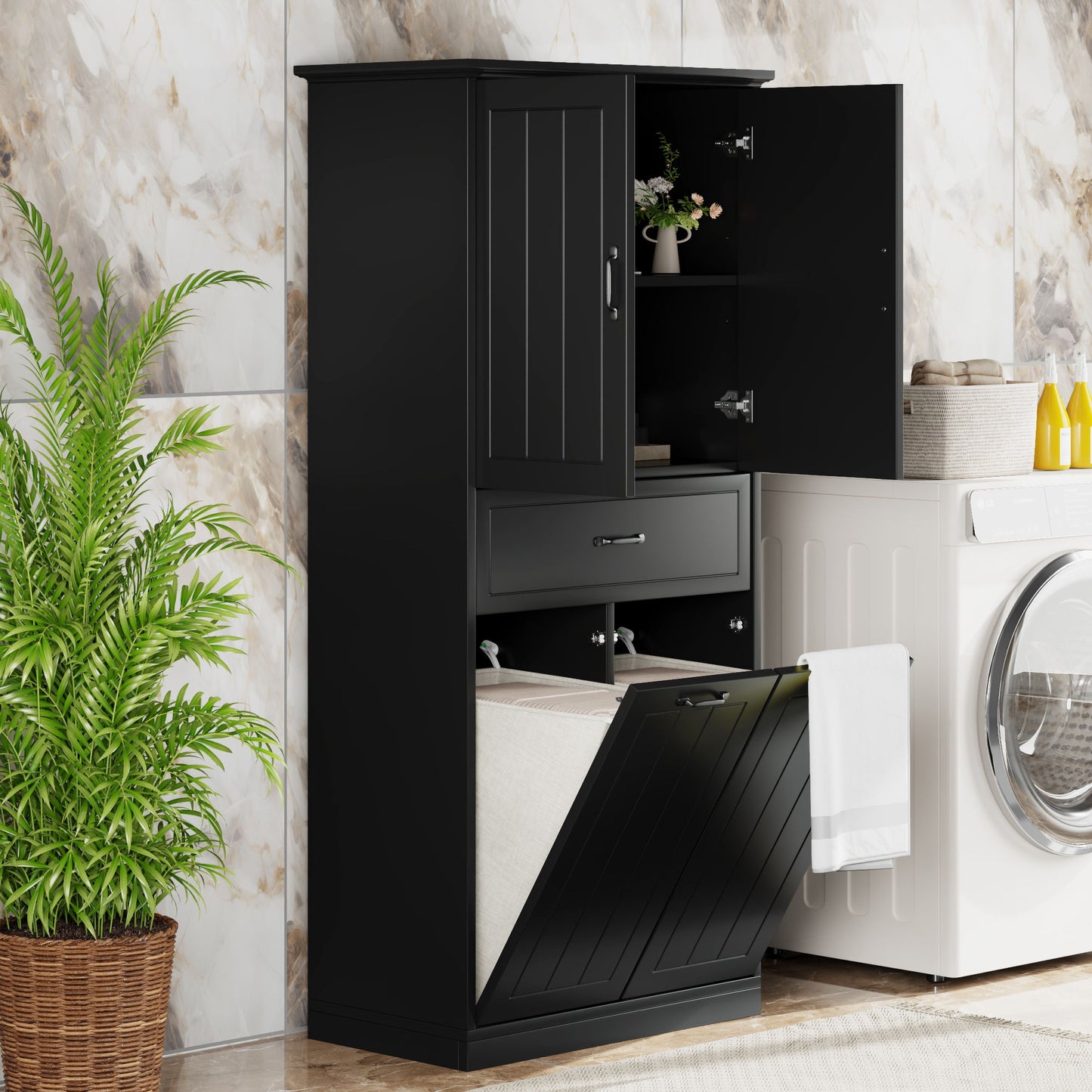 Modern Bathroom Storage Cabinet With Two Laundry Baskets, One Drawer, Adjustable Shelf Noble House