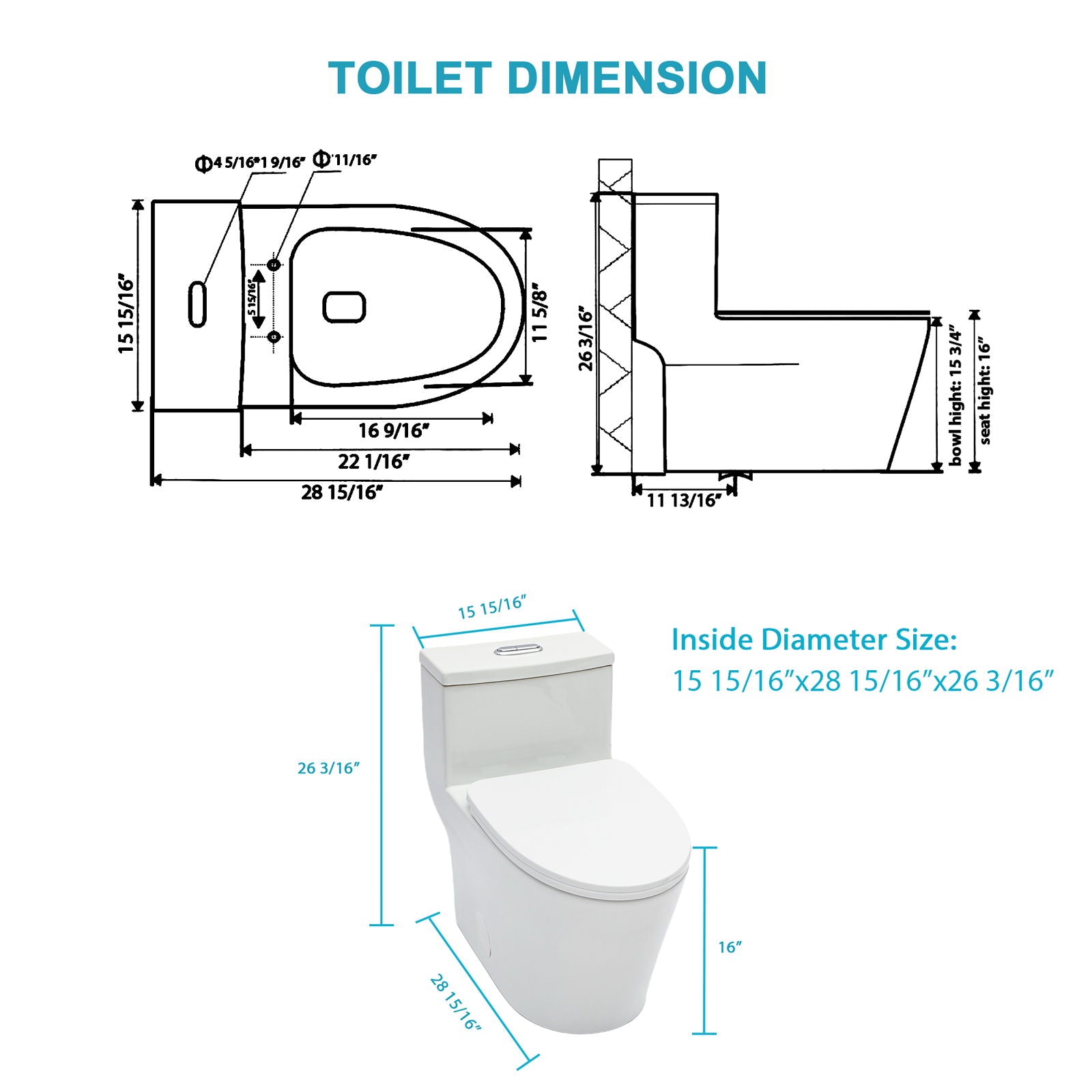 1 Piece Toilet For Bathroom, Dual Flush 1.24 / 1.43 Gpf, Soft Closing Seat - White Daily Nest
