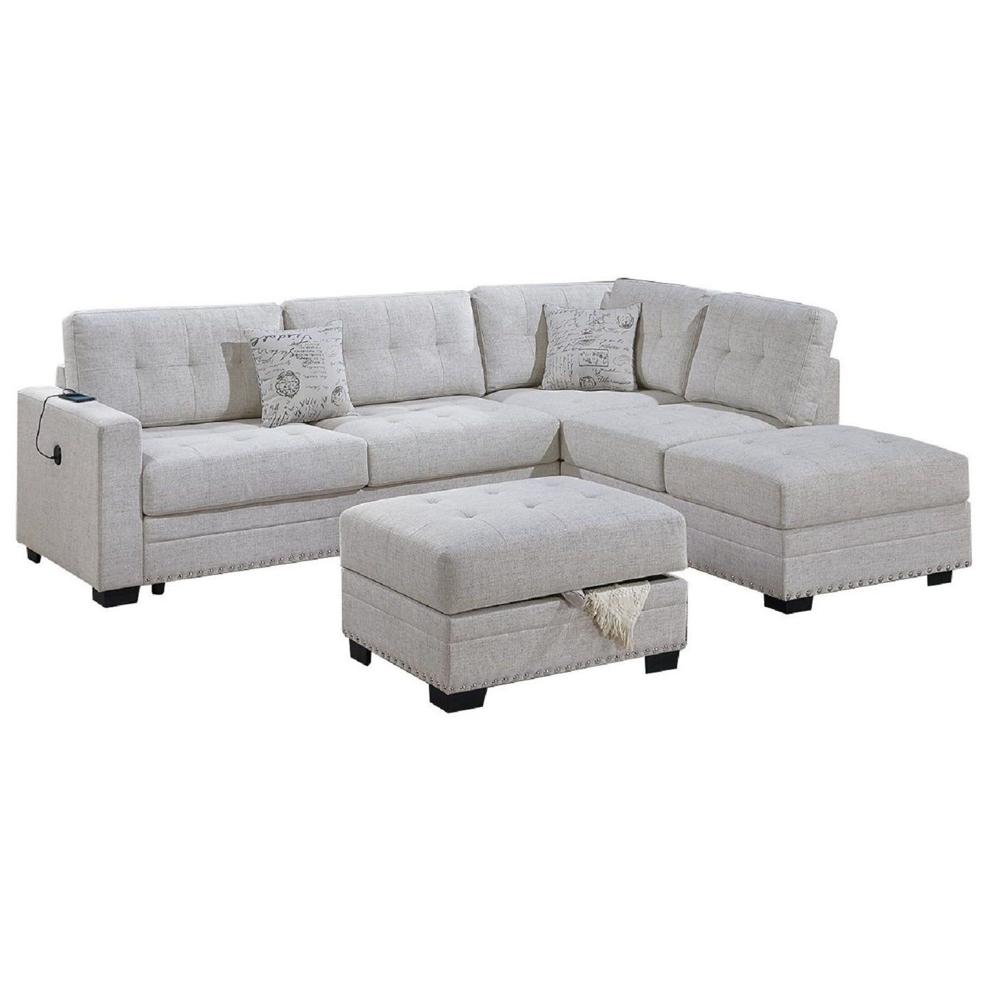 L - Shaped Sectional Sofa Set With Storage Ottoman, Tufted Upholstery Nailhead Trim Home Essentials