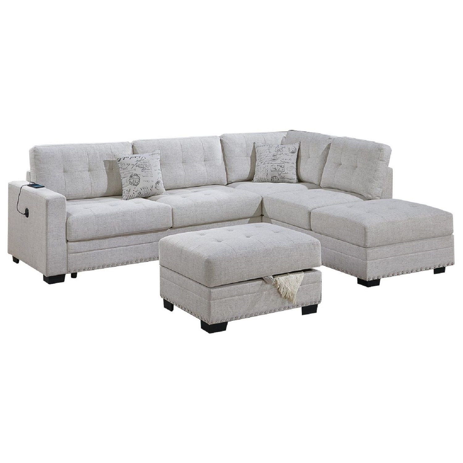 L - Shaped Sectional Sofa Set With Storage Ottoman, Tufted Upholstery Nailhead Trim Home Essentials