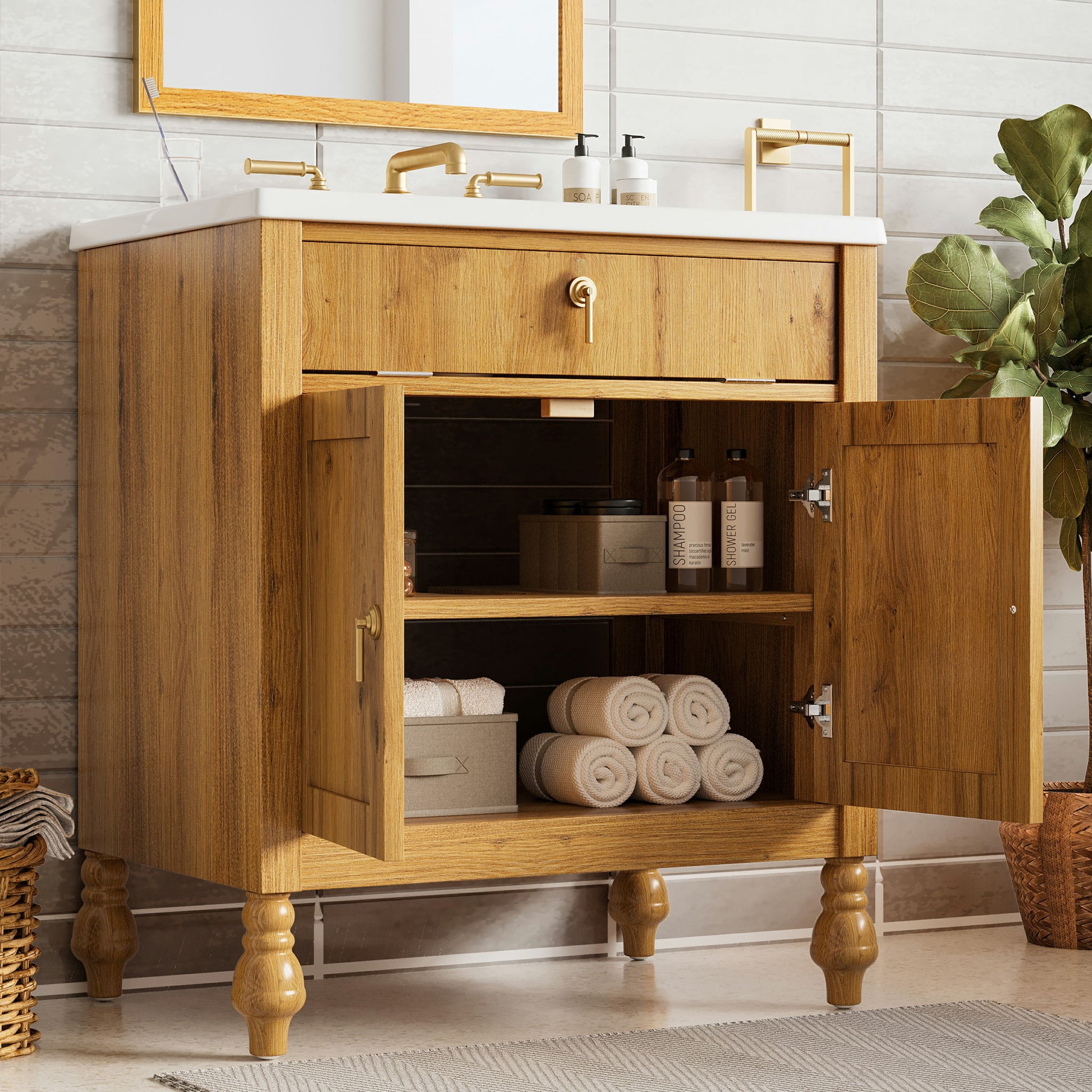 Bathroom Vanity With Seashell Resin Sink, Flip Up Storage, Soft Close Doors - Brown Noble House