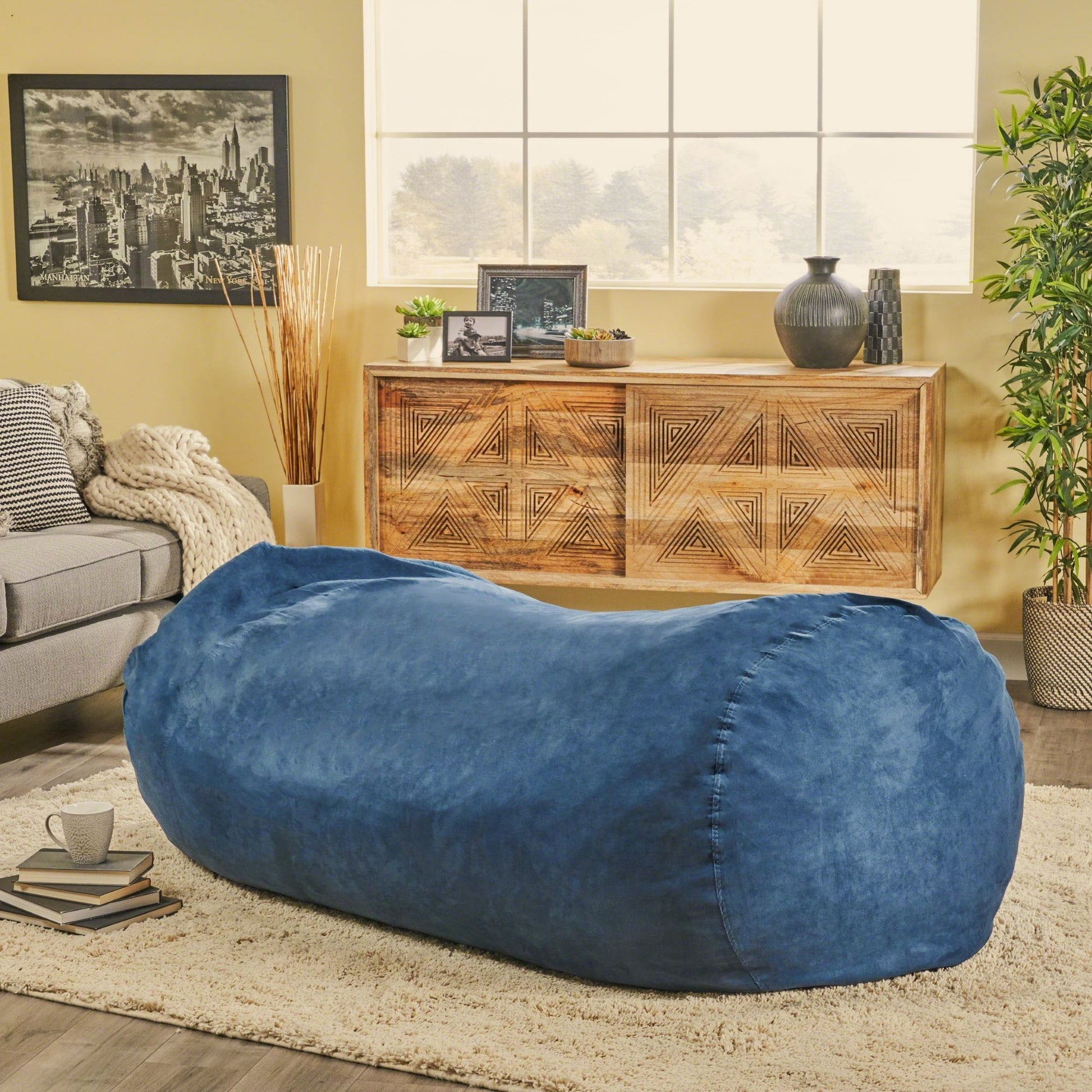 Marlin - 6.5 Foot Cylindrical Bean Bag With Removable Suede Cover - Midnight Blue Home Essentials