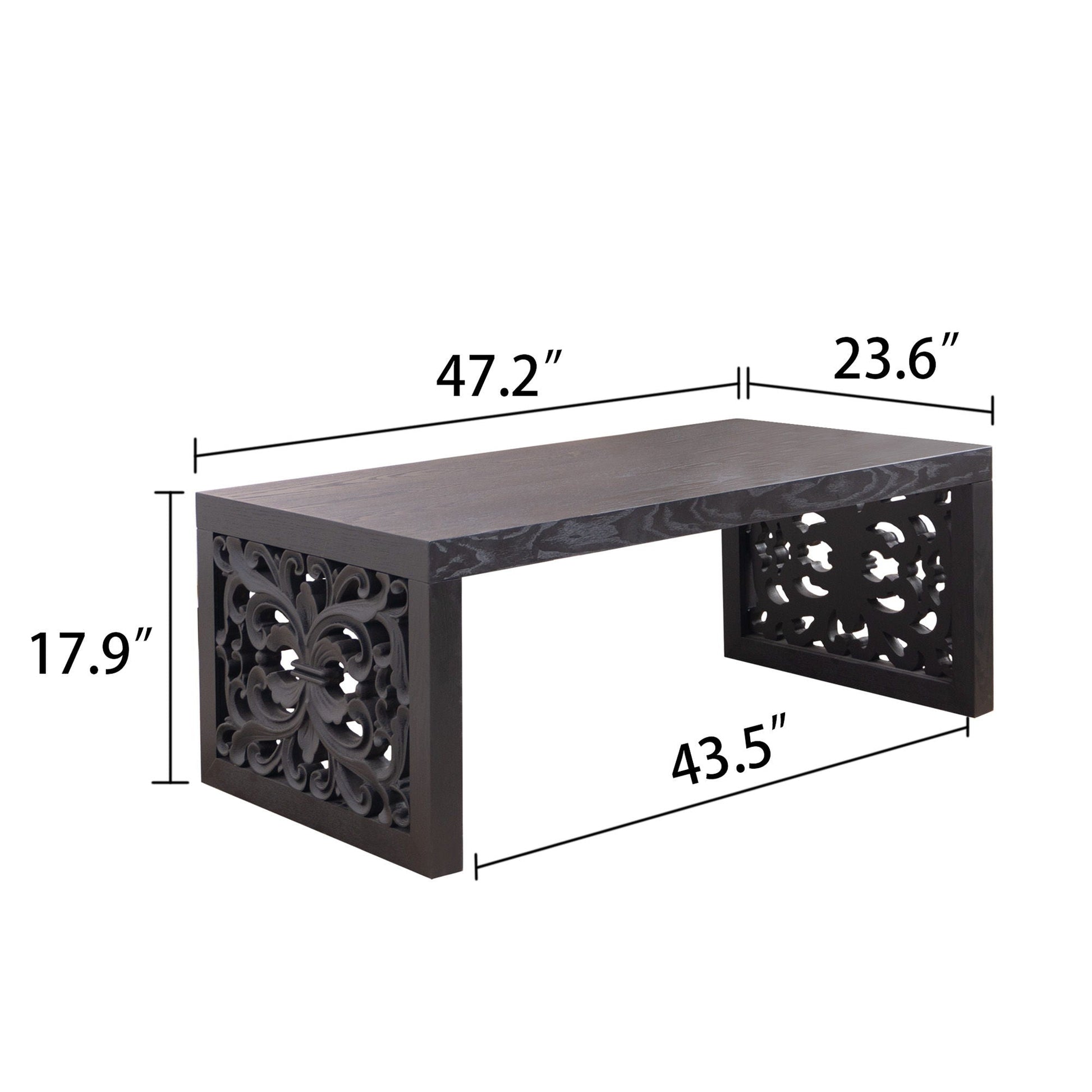Rustic Carved Wood Coffee Table, Handcrafted Look With Ornate Side Panels Home Essentials