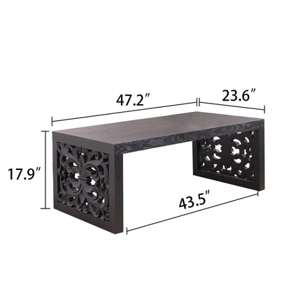 Rustic Carved Wood Coffee Table, Handcrafted Look With Ornate Side Panels Home Essentials