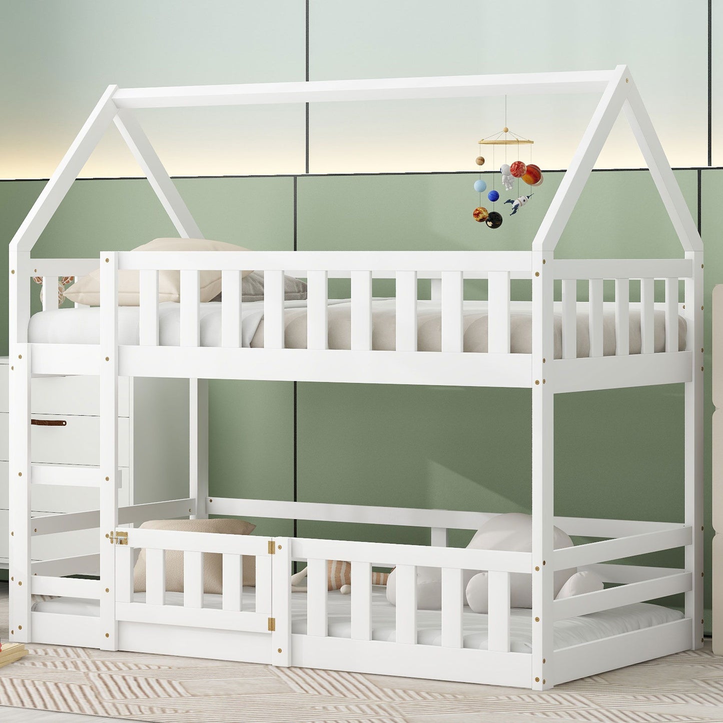Twin Over Twin House Bunk Bed With Fence And Door Hearth and Haven