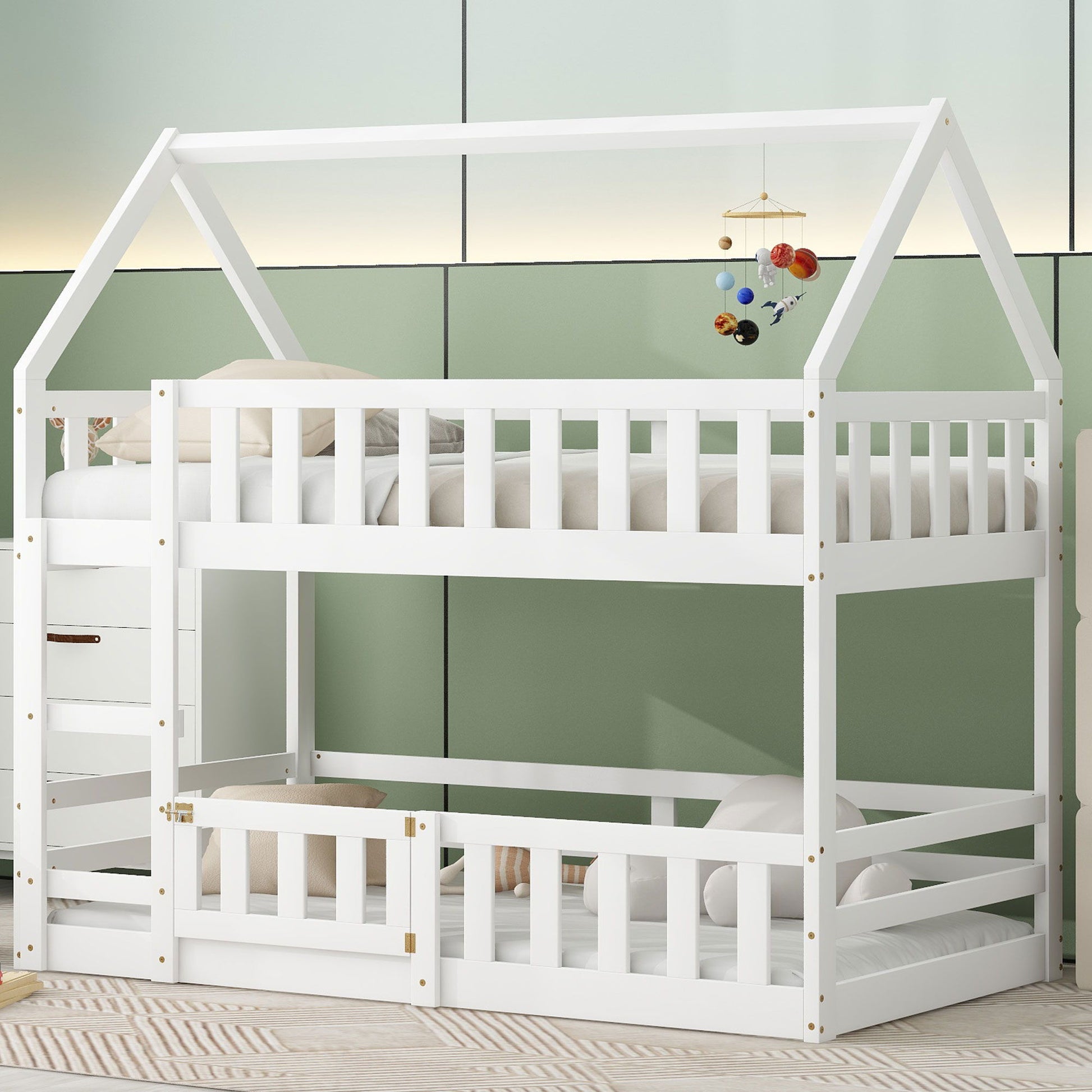 Twin Over Twin House Bunk Bed With Fence And Door Hearth and Haven