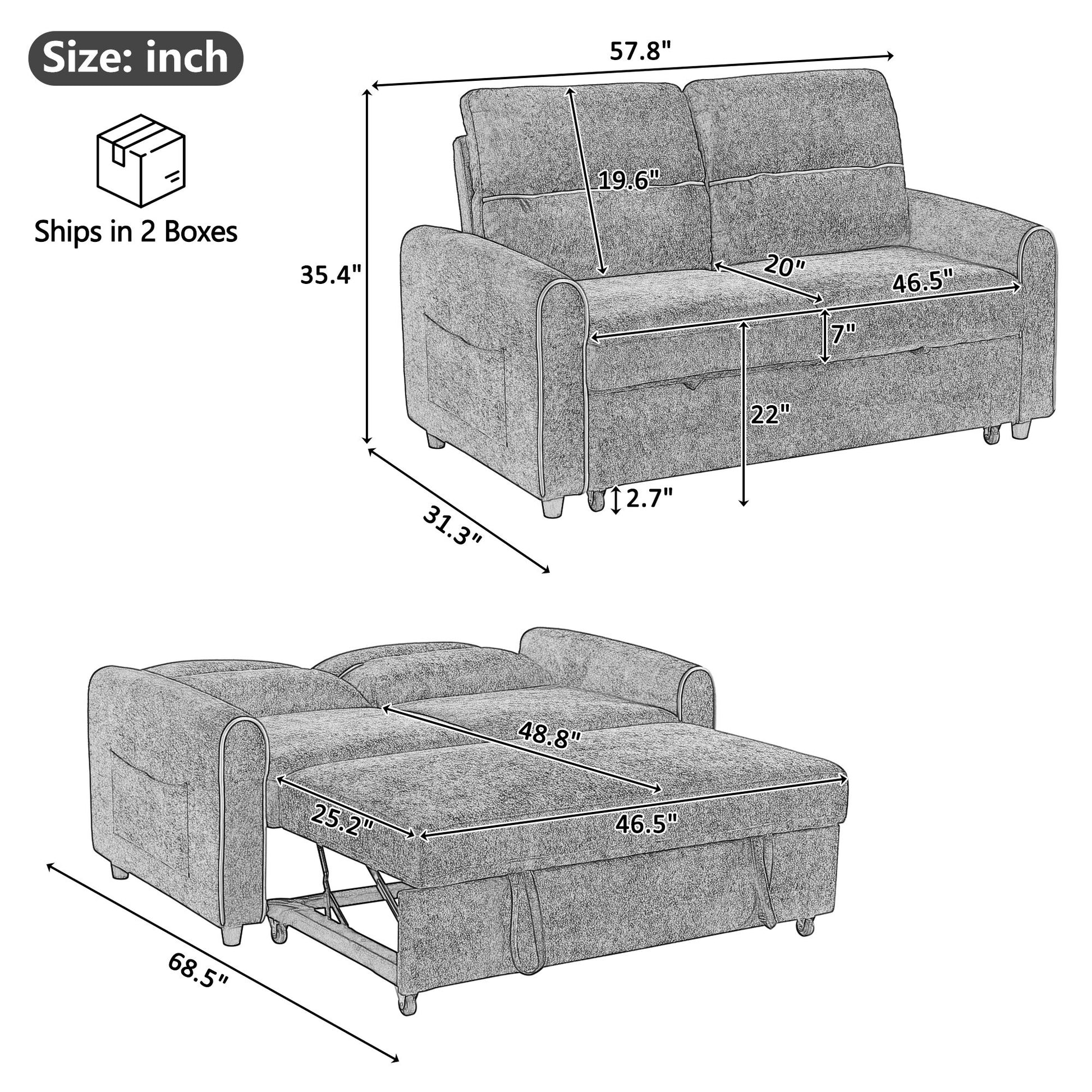 Pull Out Sofa Bed With Adjustable 3 Position Backrest, USB Charging Ports, Side Pockets Hearth and Haven