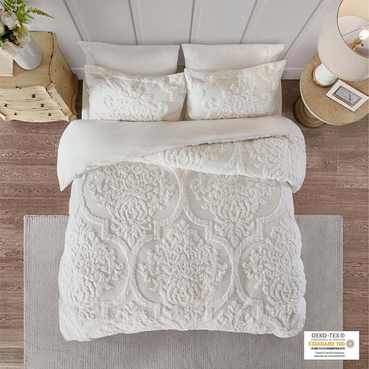 Viola - King 3 Piece Tufted Damask Duvet Cover Set - Off White Madison Park