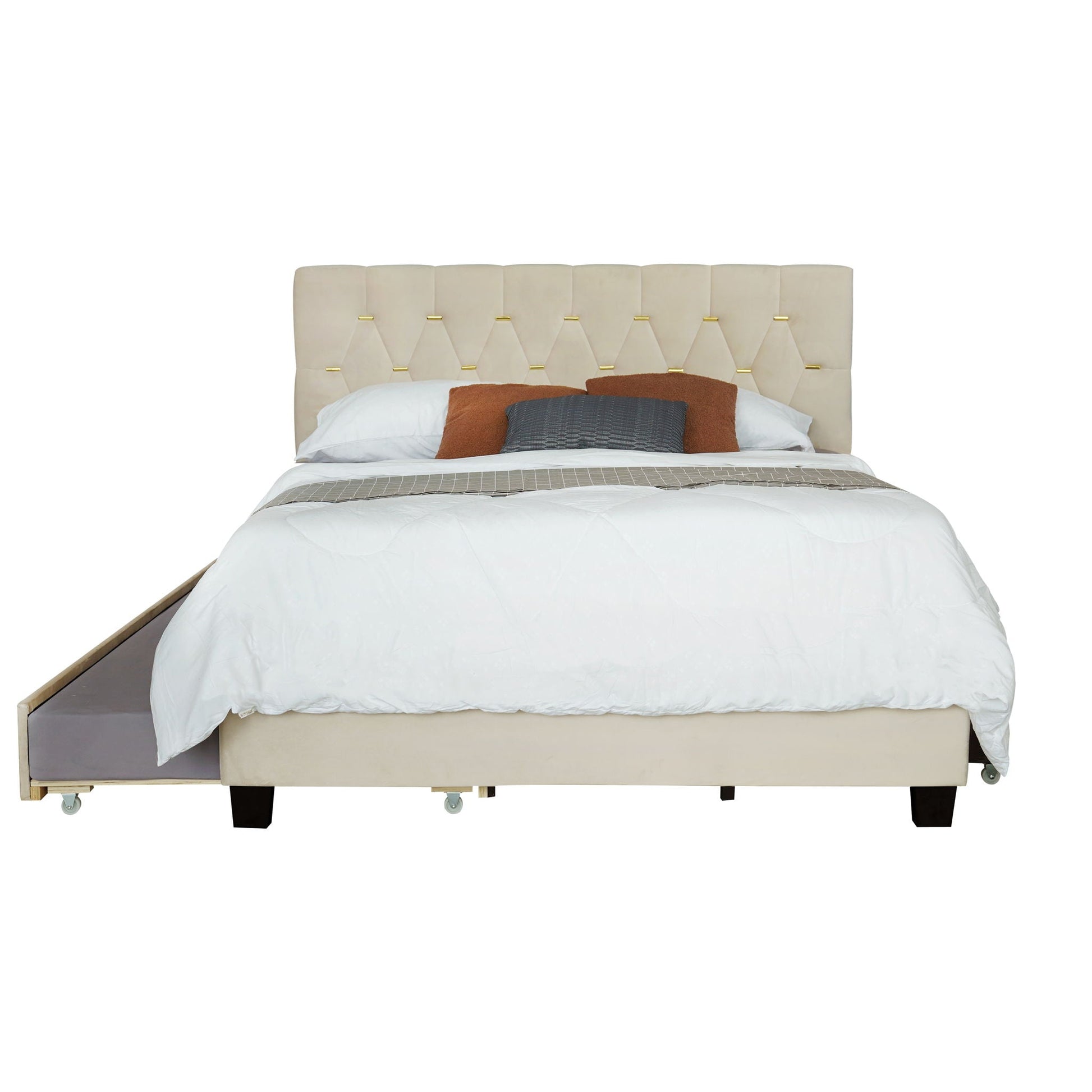 Queen Bed With Pull Out Trundle & Storage Drawers, No Box Spring Required, Space Saving Design - Beige Home Essentials
