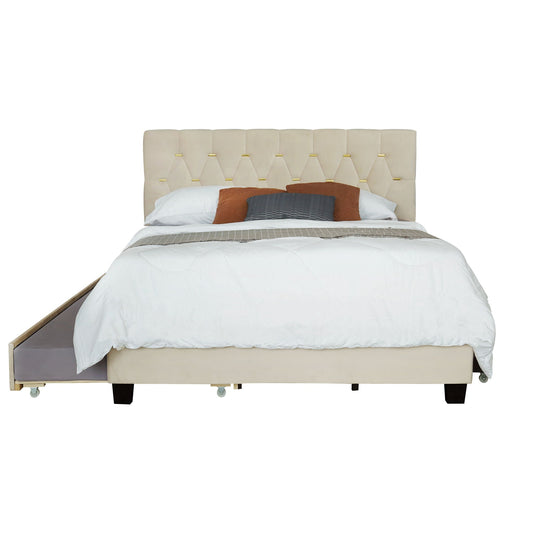 Queen Bed With Pull Out Trundle & Storage Drawers, No Box Spring Required, Space Saving Design - Beige Home Essentials