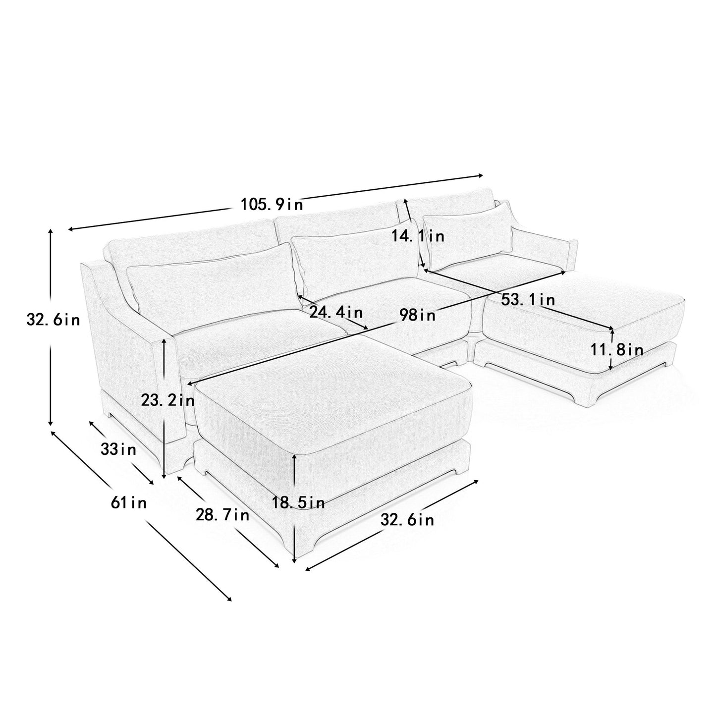 Stylish Sofa With Ottoman And Lumbar Pillows, Ergonomic Design Home Essentials