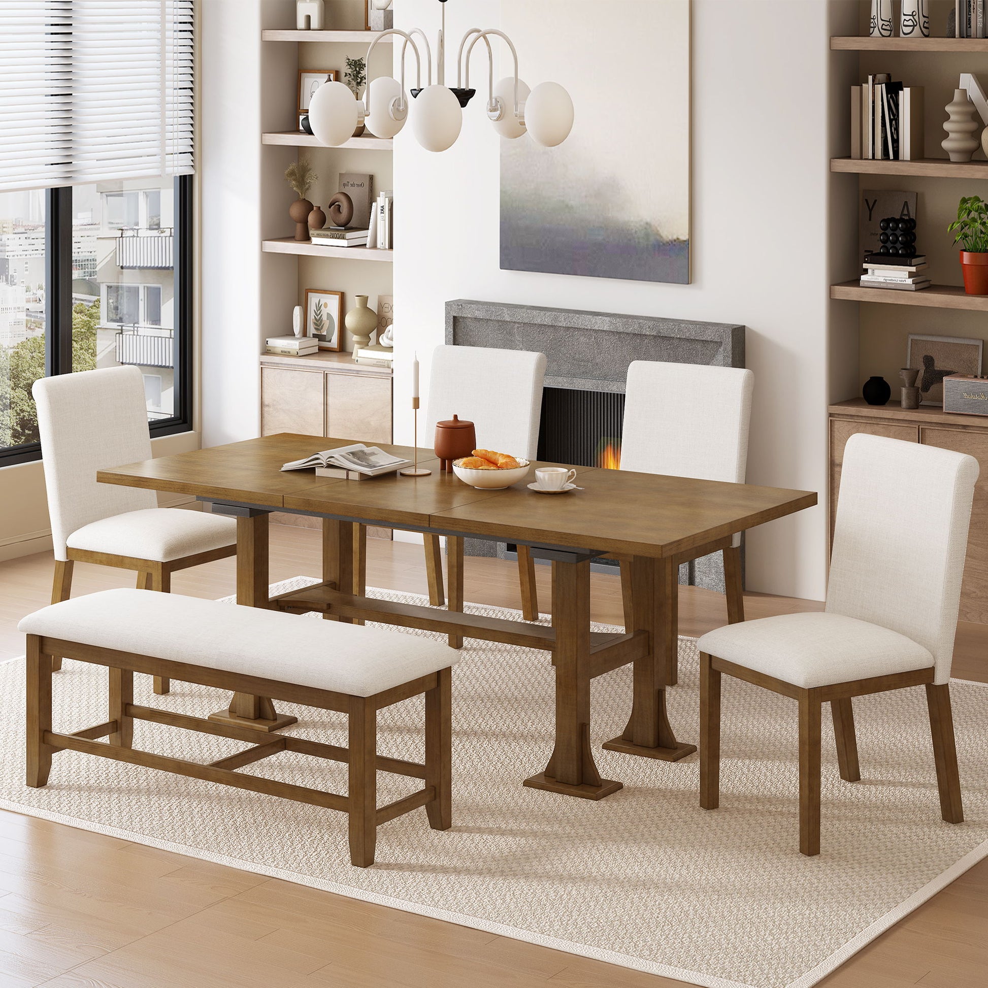 Topmax - 6 Piece Farmhouse Extendable Dining Table Set Trestle Kitchen Table Set With Removable Leaf And Upholstered Dining Chair And Bench For Dining Room Hearth and Haven