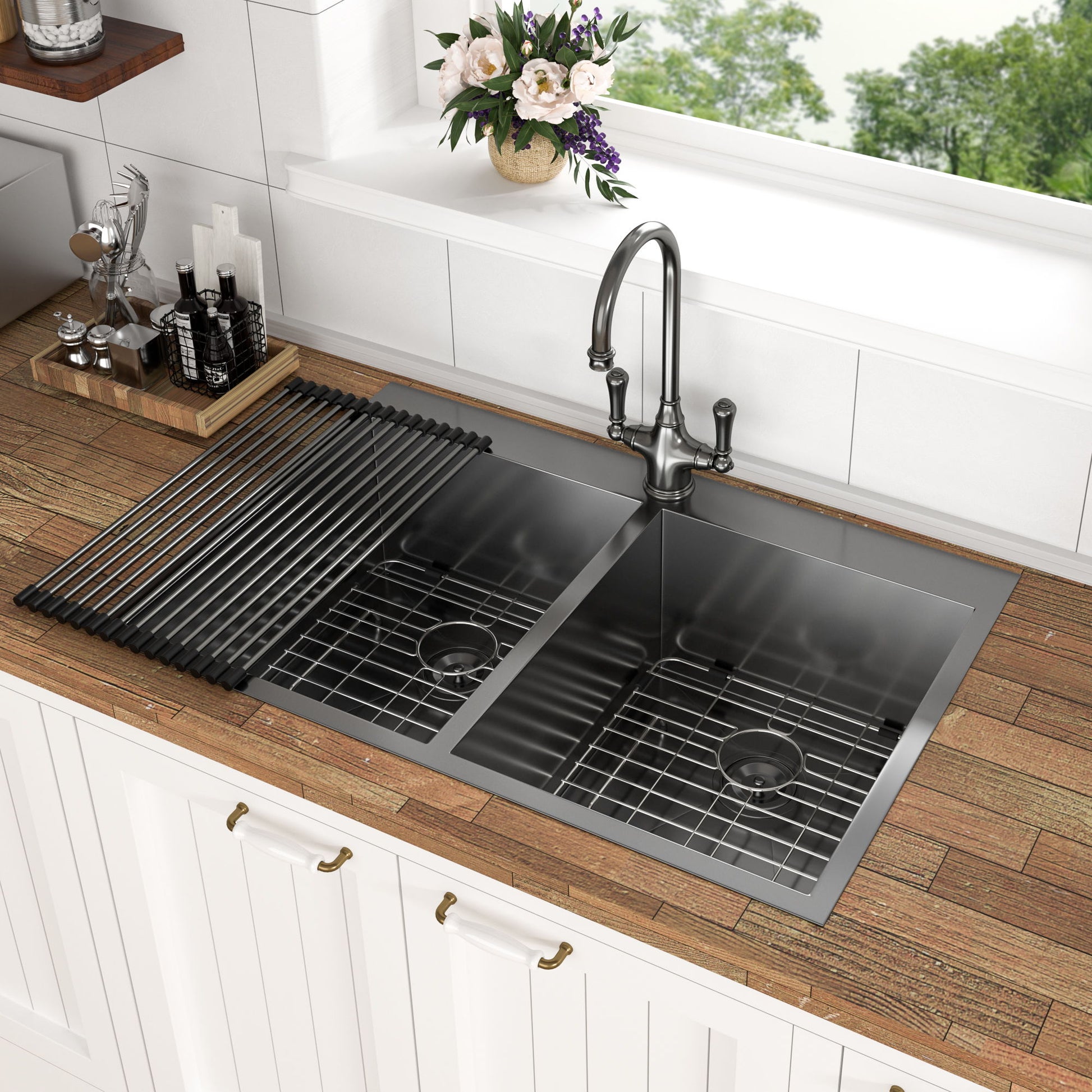 Double Bowl Drop In Kitchen Sink, 16 Gauge Stainless Steel With 2 9" Deep Basins - Gunmetal Black Daily Nest