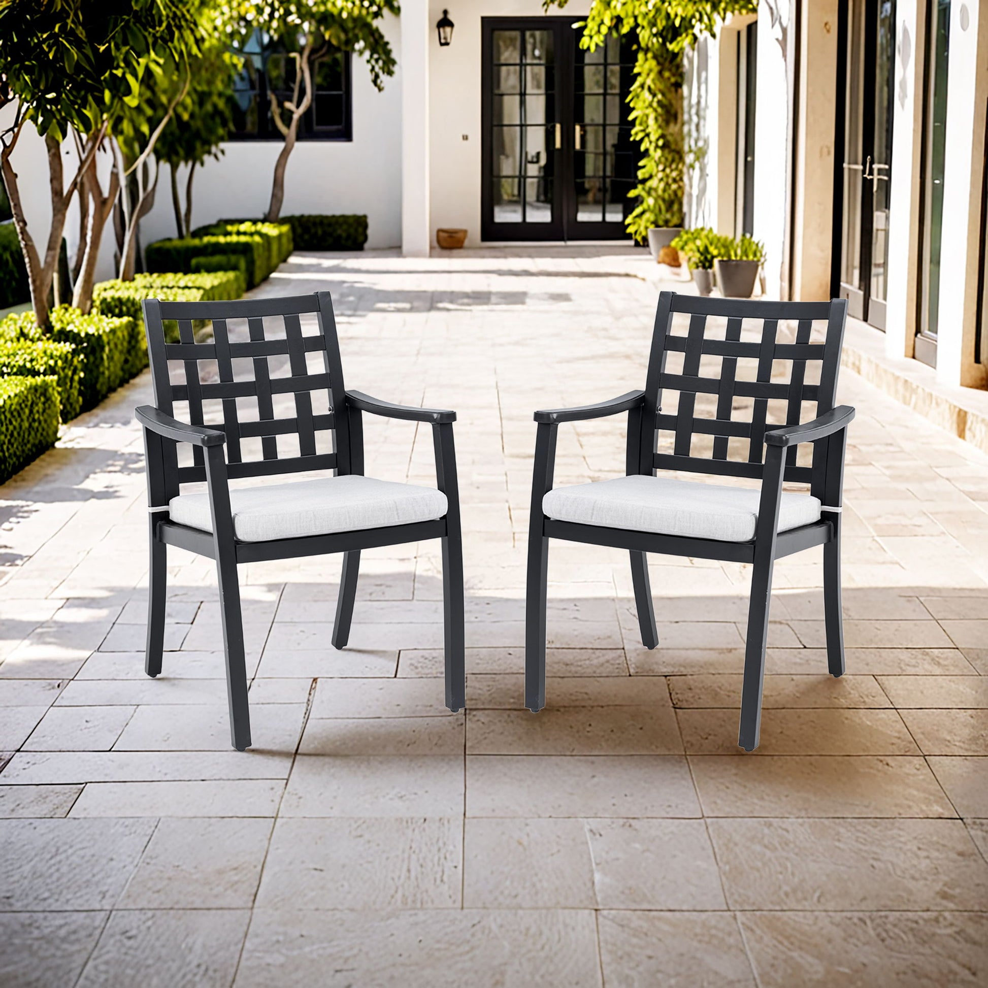Modern Classic Cast Outdoor Patio Dining Chairs, Ergonomic Lattice Backrest Design, Sunbrella Cushion, Weather Resistant And Durable (Set of 2) - Ember Black Life Outside